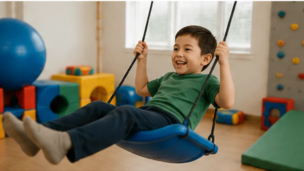 Child using a sensory swing in a supportive therapy environment for a guide about autism assessment and therapy