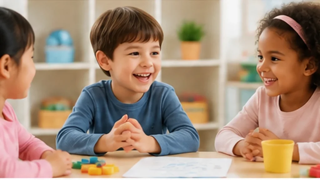 Children talking together in a supportive small-group setting for a guide about social anxiety and child therapy