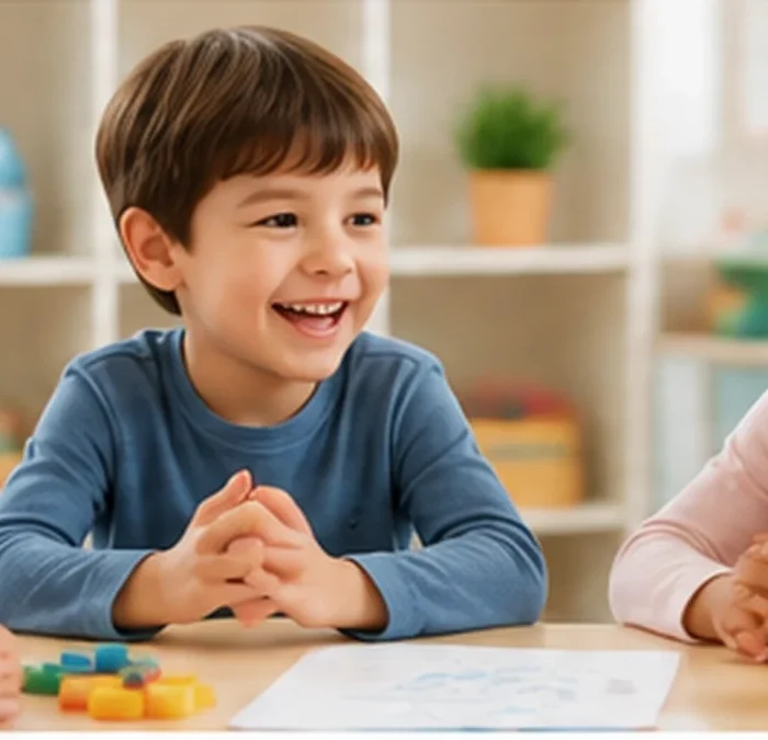 Children talking together in a supportive small-group setting for a guide about social anxiety and child therapy