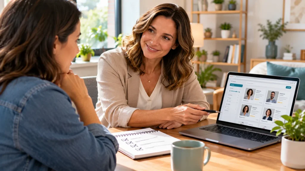 Client comparing therapist profiles with a counselor during a consultation in a bright office