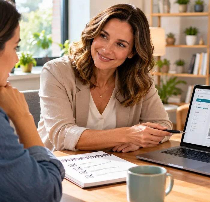 Client comparing therapist profiles with a counselor during a consultation in a bright office