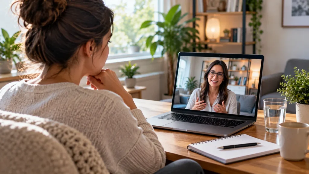Client attending a private video therapy session with a counselor from a comfortable home office