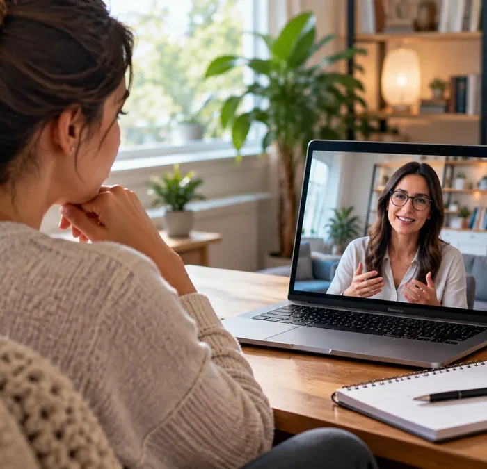 Client attending a private video therapy session with a counselor from a comfortable home office